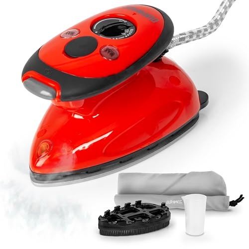 Duronic SI2 RD Mini Reisebügeleisen, 375W Mini Bügeleisen, Dampfbügeleisen 50ml Wassertank, kleines Reisebügeleisen dampf, Handbügeleisen Keramikfläche, für Kleidung nähen, travel iron rot