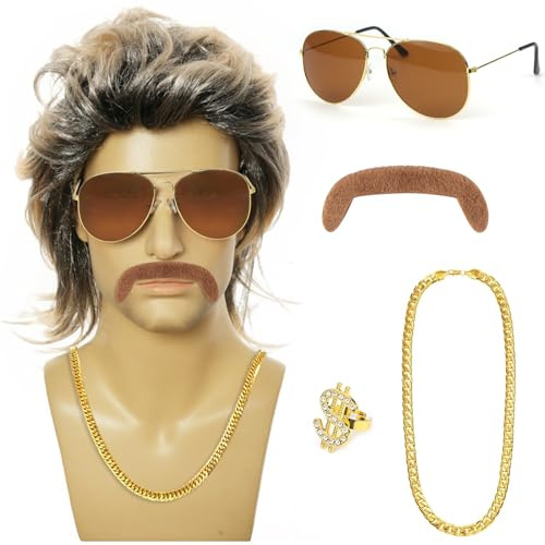 CHRI 80er Jahre Outfit Herren Perücken 5er Set, 70er 80er Jahre Kostüm Accessoires Herren Vokuhila Perücke für Rocker Disco Punk Hippie, Männer Karneval Fasching Perücke