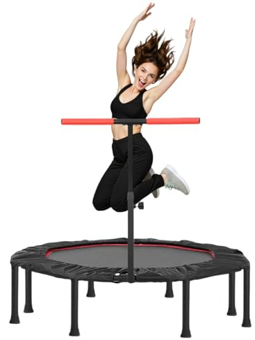 LIFERUN Mini Trampolin Indoor Erwachsene Ø128cm, Fitness Trampoline Klein,Jump Rebounder Workout,Tragfähigkeit 150kg,Stabiler Leise Gummiseilfederung,Höhenverstellbaren Griffen,Zuhause, Rot