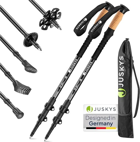 JUSKYS® Wanderstöcke - 2 Alu Teleskop Nordic Walking Stöcke, leicht & ausziehbar, Damen & Herren, mit Gummipuffer & Tasche, Kork Griff - Schwarz