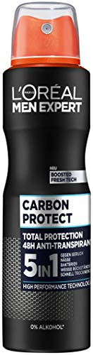 L'Oréal Men Expert Deo für Männer, 5-in-1 Deospray gegen Geruchsbildung, Nässe, Bakterien und weiße Rückstände für bis zu 48 Stunden Frische, Carbon Protect, 6 x 150 ml