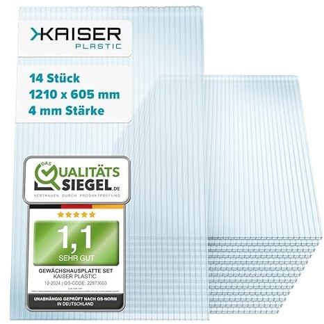 KAISER plastic® Xtra Strong | 14er Set Gewächshausplatten | Stärke 4mm | 1210 x 605 mm | Polycarbonat (PC) | 10,25 m2 | Gewicht: 700g/m2 | Hohlkammerplatte - Doppelstegplatte