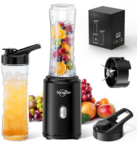 Sangcon Mixer Smoothie Maker, Elektrisch Tragbar Standmixer, Schwarz | 2 BPA-Frei 600ML Tritan To Go-Flasche, 2 Trinkverschluss, 4-Klingen Messer, Pulse-Taste