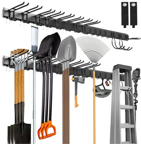 Sinoer Garage Tool Management Wall Rack, Gartengeräte 80 Zoll 15 Haken | Metall-Gartengerätehalter,Garage Wall Management Storage Rack, Aufhänger für Skiausrüstung, Gartengeräte, Besen, Mopps