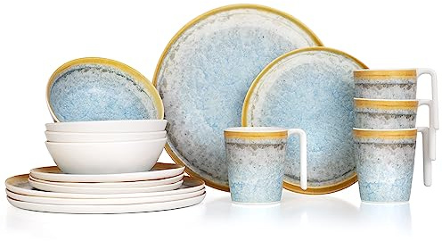 Moritz Camping Tafelgeschirr aus Melamin für 4 Personen 16-teilig | spülmaschinenfest | Picknick Geschirrset | Geschirr Campinggeschirr I Crystal Blue Design