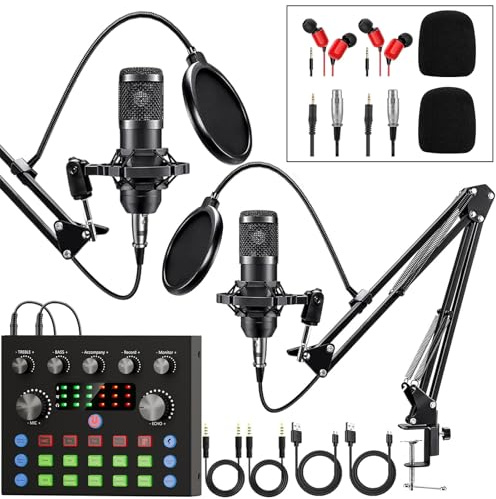 Brvomussy Podcast Set für 2, Audio-Interface, 2 Mikrofone, Sprachwechsler | 2 Mikrofone mit Nierencharakteristik, DSP-Rauschunterdrückung, Soundeffekte und Sprachwechsler für Podcast und Streaming