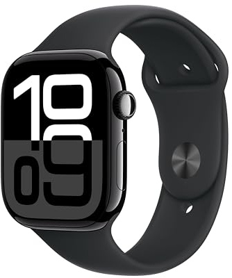 Apple Watch Series 10 (GPS 46 mm) Smartwatch mit Aluminiumgehäuse in Diamantschwarz und Sportarmband in Schwarz (S/M). Fitnesstracker, EKG App, Always-On Retina Display, Wasserschutz