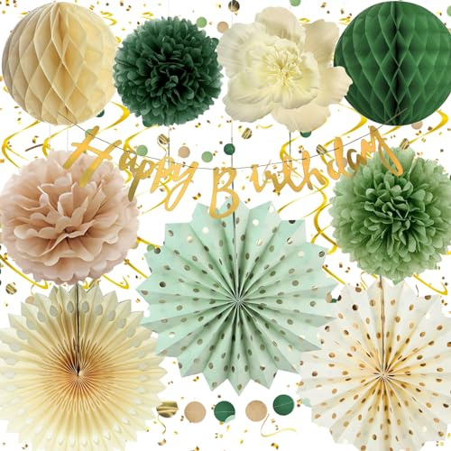 Geburtstagsdeko Grün Beige, Geburtstag Deko Mädchen Junge | Premium Wiederverwendbare Party Deko, Dekoration Geburtstag Frauen Mann, Happy Birthday Decorations Girlande für Frau Mann