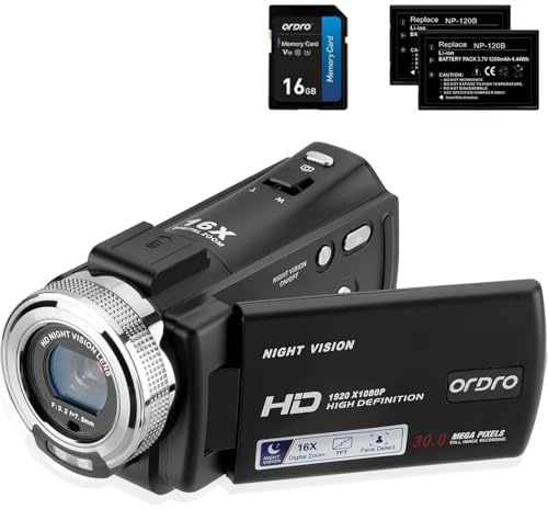 ORDRO Camcorder Nachtsicht Videokamera YouTube Vlogging Kamera Recorder FHD 1080P 15FPS 30MP 3,0 Zoll 270 Grad Drehung LCD 16X Digital Zoom Camcorder mit 2 Batterien und 16 GB SD-Karte