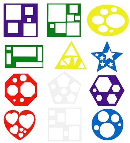 Larrel 12 Stück Geometrische Formen Schablonen für Kinder, 13 x 13 cm Zeichenschablonen Set Bunte Lernwerkzeuge Wiederverwendbar Kunststoff Schablonen Zeichnen für DIY Handwerk Handwerk und Lernen