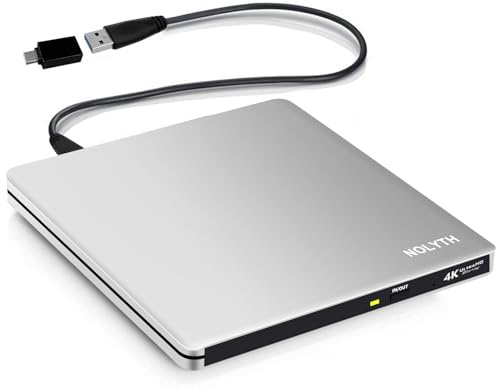 NOLYTH Externes Blu Ray Laufwerk: USB-C UHD 4K Bluray Laufwerk Extern Tragbar 3D BDXL Bluray Brenner Extern für Laptop PC Windows 11/10 Mac MacBook Air Pro Tasche Aluminium