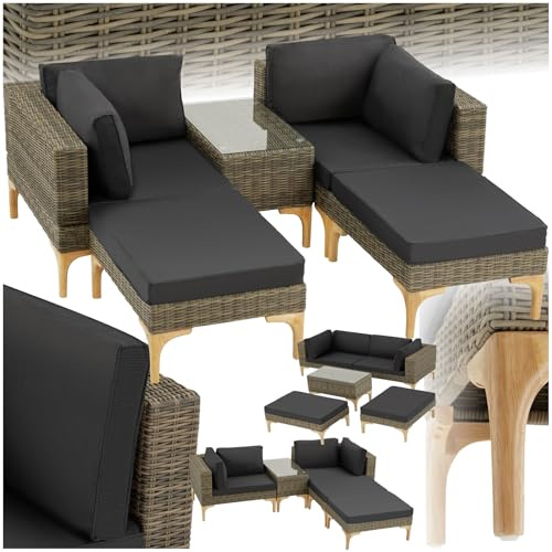 tectake® Outdoor Rattan Lounge, 5-teiliges Gartenmöbel Sofa Set mit Aluminium Gestell, frei kombinierbar, mit Ecksessel, Hocker, Tisch, Gartenlounge, inkl Sitz- und Rückenkissen - Natur