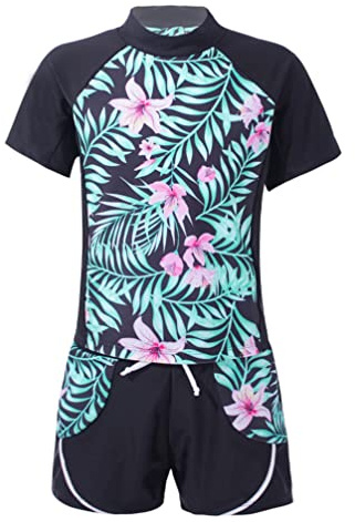 iiniim Kinder Mädchen Badeset UV-Schutz Badeanzug Blumen Druck Zweiteiler Bikini Tops mit Badeshorts Bademode Schwimmanzug Gr.98-176 Lilie Rosa 146-152