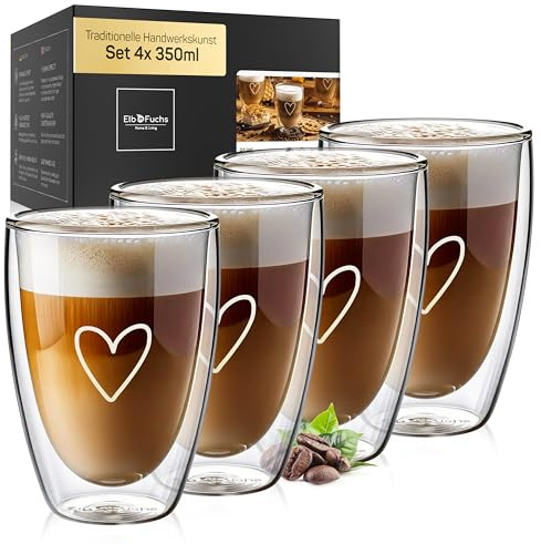 ElbFuchs® Latte Macchiato Gläser doppelwandig [4x 350ml] GESCHENKIDEE mit HERZ | Kristallklare Thermogläser doppelwandig | Ideal als Cappuccino Gläser | Kaffeegläser | Teegläser