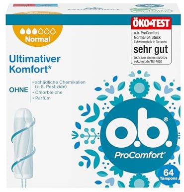 o.b. Tampon, ProComfort Normal, für mittlere bis stärkere Tage, von Öko-Test "sehr gut" bewertet**, ultimativer Komfort* und zuverlässiger Schutz, 64 Stück, "Verpackung kann abweichen"