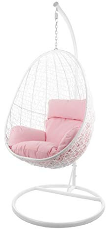 Kideo® Komplettset: Hängesessel mit Gestell & Kissen, Indoor & Outdoor, Poly-Rattan, Lounge (Gestell- und Korbfarbe: weiß, Kissen: rosa Nest (3002_Lemonade))