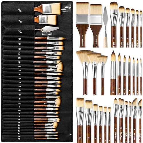 Nicpro 30 Stück Pinselset Acrylfarben, Professionelle Malpinsel& Aquarellpinsel mit Farbspachtel,Pinseltasche, Künstler Pinsel für Acryl, Öl, Aquarell,Gouache, Künstlerbedarf,Malen Nach Zahlen Pinsel