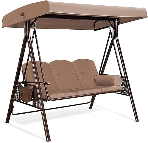 PURPLE LEAF Hollywoodschaukel 3 Sitzer mit Verstellbares Sonnendach, Beige | Gartenschaukel bis 360 kg Belastbar, Wasserabweisendes Gewebe, Aluminium, Rostbeständig, UV-beständig, für Außenbereiche