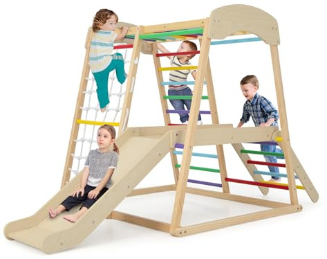 GOPLUS Kinder Klettergerüst, Kletterspielzeug Set mit Kletterleiter & Rutsche & Kletternetz & Querstange, vielseitiger Spielturm, Kletterturm Indoor aus Holz für Kinder ab 1 Jahr (Bunt)