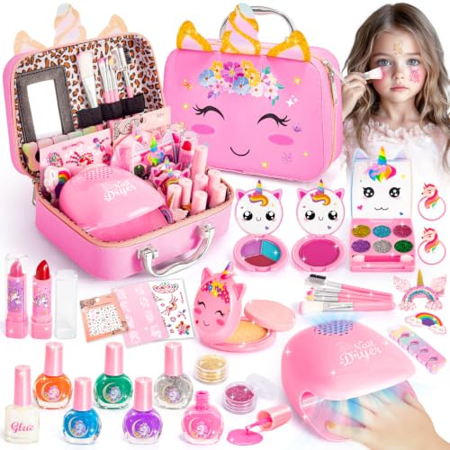 Kinderschminke Schminkkoffer Mädchen, Waschbar Schminke & Nagelstudio 3-12 | Spielzeug Schminke, Nageltrockner Nagelsticker Nagellacke, Maniküre Set Geburtstage Weihnachten Geschenke für Kinder 3-12