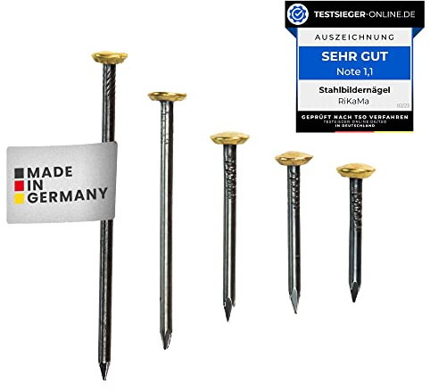 RIKAMA® – 100 Bildernägel – Stahlnägel für den Einsatz auf Beton, Ziegelstein, Putz & Holz – Nägel aus gehärtetem Stahl als Bilder Aufhängung – Made in Germany (Goldener Kopf, 100er Mix)