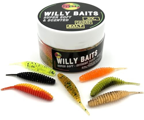 Willy Baits - 38mm - Forellen Softbaits Box - Knobi Aroma Lamellen Gummiwürmer - Trout Fishing (7 Farben à 3 Mix, 21 STK. in der Box | Ködergröße 38 mm)