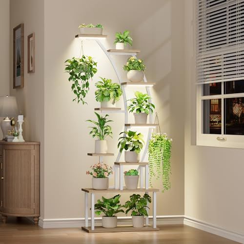 BACEKOLL Pflanzenständer mit Wachstumslicht - 9 Ebenen Blumenständer 160 cm Metall Holz Pflanzenregal - Innen & Außen Blumentreppe - Dekoratives Blumenregal für Indoor Garten Balkon ( Weiß )