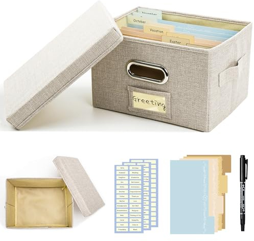 Remowith Grußkarten-Organizer und Aufbewahrungsbox mit 20 Verstellbaren Trennwänden, Aufbewahrungskarton mit 3 Aufklebern, Perfekt zum Aufbewahren von Grußkarten, Umschlägen, Fotos, 1 Packung, Beige