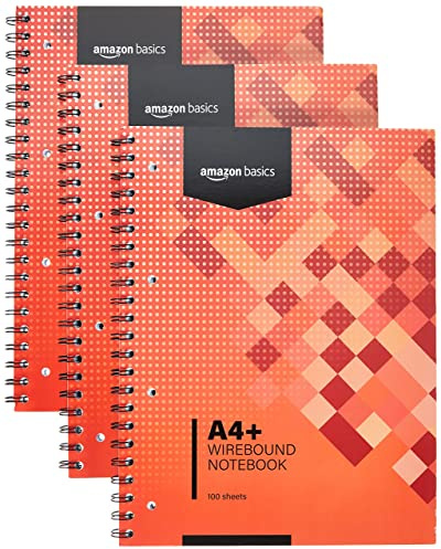 Amazon Basics Spiral-Notizblock, 100 Blatt/200 Seiten, A5, 80 GSM, 3 Stück, Red