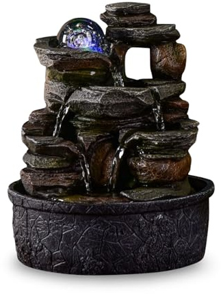 Zimmerbrunnen Wasserfall Natur Stein Rock Light Effekt Buntes Licht, Geschenkidee, Bewegte Innendekoration - Zen Tischbrunnen Entspannend, Feng Shui Objekt Glück, H 23cm - Satya Zen'Light