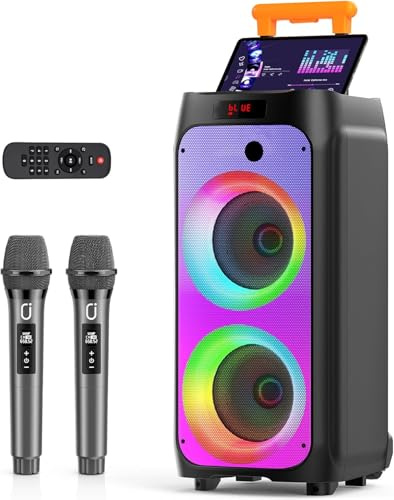 JYX Karaoke Anlage mit 2 drahtlosen Mikrofonen, Bluetooth Party Lautsprecher mit Rädern, Disco Lichtern und Subwoofer, 500W PA System für Party, Outdoor und Karaoke, TWS/SD/USB/AUX/Rec