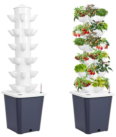 KAHCOP Hydroponik-Turm 6 Etagen 30 Holes Garten-Hydrokultur-Anbausystem Aeroponik-Anbauset für Kräuter Obst und Gemüse mit Hydratationspumpe, Adapter, Netztöpfen, Timer für Obst, Gemüse und Kräuter