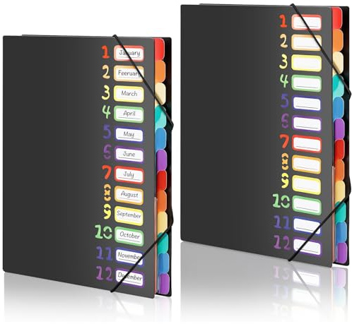 2 Stück A4 Dokumentenmappe, Fächermappe, Dokumentenmappe mit 12 Fächer, Mappe Organizer mit Gummizug für Büro Dokumente, Schule Hausaufgaben und Papier, Wasserdicht, mit Etikett (Schwarz)