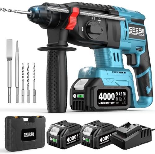 Seesii 2,5J Akku Bohrhammer: 600W Brushless Motor, mit 2 * 4,0AH Akkus und Ladegerät, Verbessertem Sicherheitsdesign, Multifunktionale Akku Schlagbohrmaschine für Heimwerker und Bauarbeiten