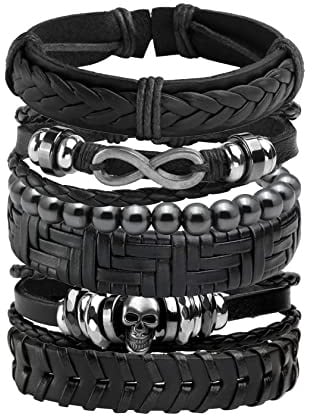 JJDreams 6PCS Punk Armband Herren Armbänder Set Schwarz lederarmband Gothic Geflochtene Armreif Leder