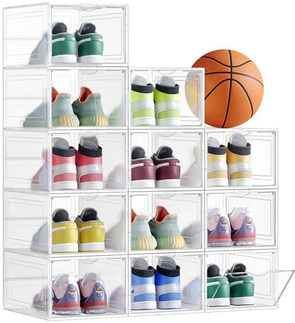 SONGMICS Schuhboxen, Schuh-Organizer aus Kunststoff, mit Tür, durchsichtig, 12er Set, stapelbar, einfache Montage, 34 x 25 x 18,4 cm, für Schuhe bis Größe 44, transparentes Weiß LSP412W01
