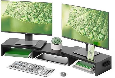 BONTEC Monitorständer Holz, Dual Monitor Stand Riser mit Handyhalter, Verstellbare Länge und Schwenkwinkel, Ergonomischer Monitorständer für 2 Monitore, Für Büro und Heimarbeit