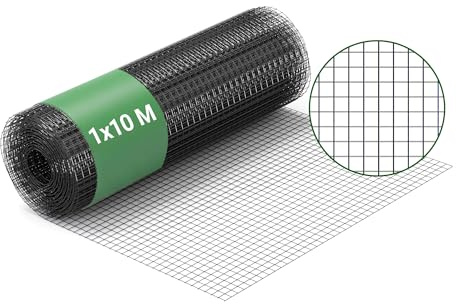 Wiltec Maschendrahtzaun Schwarz 100 cm x 10 m, 0,9 mm Stärke 12x12 mm Maschengröße, Volierendraht 4-Eck aus Stahl verzinkt, Drahtgitter, Vogeldraht