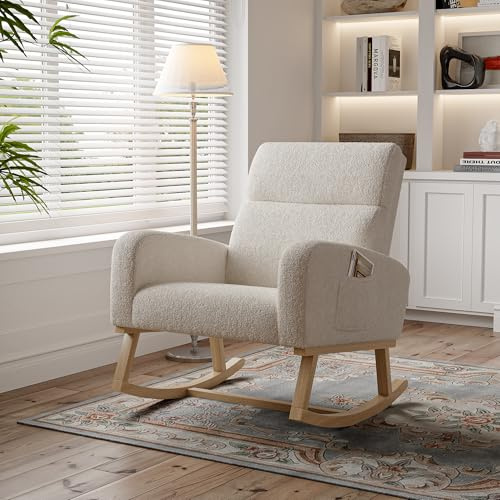 BHFFTHK Schaukelstuhl Beige Teddy Samt, Relaxsessel Schaukelsessel Wohnzimmersessel Schwingsessel für Wohnzimmer Schlafzimmer Balkon-Belastbarkeit bis 150 kg (Beige - B)
