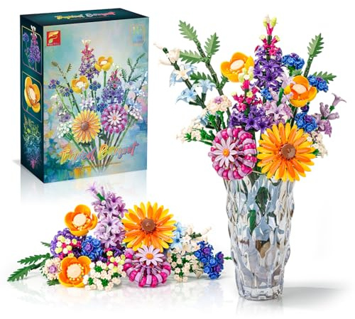 Klemmbausteine Blumen, 16 Wildblumen Set Blumenstrauß Bausteine 1183 Stück, Dekorative Flower Dahlien, Kornblumen, Lavendel und Gerbera, Geschenk für Muttertagsgeschenk Frauen Kinder Erwachsene