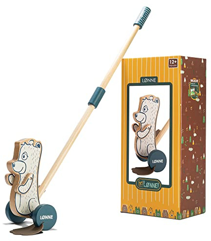 HEJ LØNNE Schiebespielzeug Holz Eisbär LØNNE, Lauflernspielzeug mit Stab | Watschelfigur 20 x 12 x 11 cm, abnehmbare Silikonfüße, 56 cm Stange zum Auseinanderschrauben, mit Minibuch und Anhänger