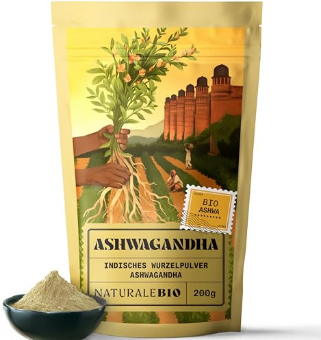 NaturaleBio Ashwagandha Powder Organic 200 g. 100% Pure Root from India (Withania somnifera). Vegan, Gluten Free, Organic Certified. Indian Ginseng for Powder Tea, Smoothies & Golden Milk