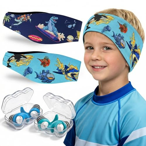 Schwimmen Stirnband für Kinder - 2 Paar Schwimm Ohrstöpsel & Neopren Schwimmband,Hohe Elastizität & Klettverschluss - Wasserdichtes Kopfband Haarband für,Tauchen, Pool, Duschen und Wassersport