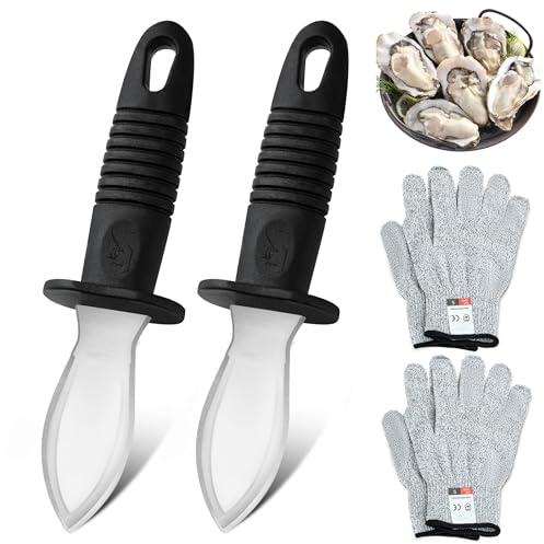 Bestdin Austernmesser Set - 2 Stück Austernmesser mit 2 Paar Schutzhandschuhe, Edelstahl Austernöffner mit Ergonomischer Griff, Austernmesser geeignet für Schalentiere oder Hartkäse