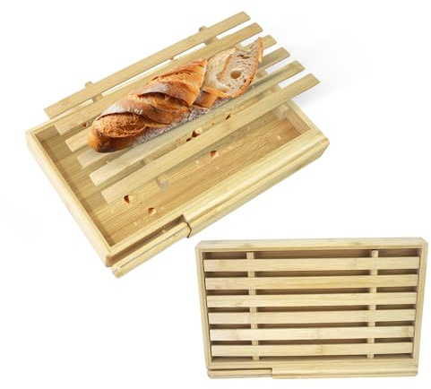 Hausleben Brotschneidebrett aus Bambus mit Messer – 33,5×21,5×3,5 cm | Krümelfach & Schneidgitter | Nachhaltiges Holzbrett zum Schneiden von Brot, Brötchen & Baguette | Inkl. Edelstahl-Brotmesser