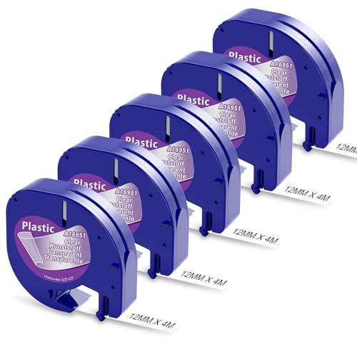 Aken 16951 Band Kompatibel mit Dymo LetraTag Etikettenband Transparent | 12mm x 4m, Clear Plastic Kompatibel mit Dymo Etikettenband Durchsichtig für LetraTag XR LT-100H LT-100T 200B XR XM