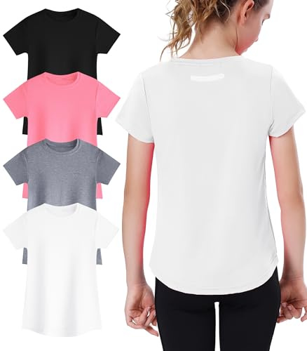 EXARUS Sport-Shirts für Mädchen, schnelltrocknend, kurzärmelig, Rundhalsausschnitt, T-Shirt, Workout, Activewear, Tops für Kinder von 8–16 Jahren, 4 Stück, Set 7, 152