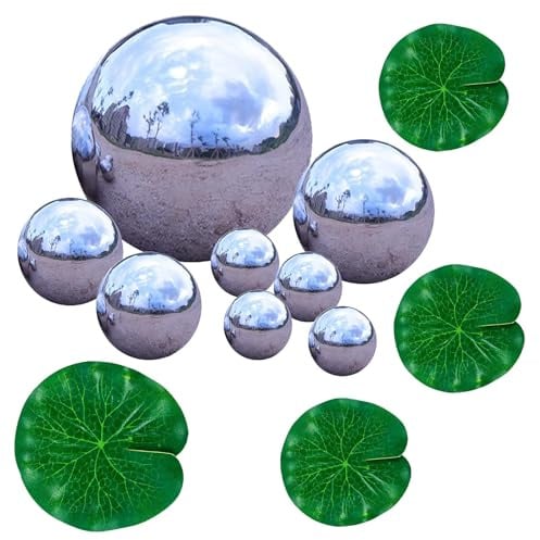 DIGNFENG 8er Set Edelstahl Schwimmkugeln Ø 2-10cm mit 4 Lotusblättern | Gartendeko Kugeln für Teich, Miniteich & Balkon - Wetterfeste Spiegelkugeln Outdoor Deko