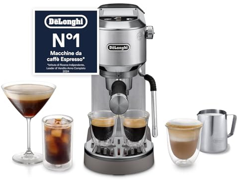 De'Longhi Dedica Duo - Perfetto Kompakte Siebträgermaschine Espressomaschine mit Soft-Touch-Icons, manuellem Milchaufschäumer für Espresso, Cappuccino und Cold Brew, 15cm breit, Metall (EC890.M)