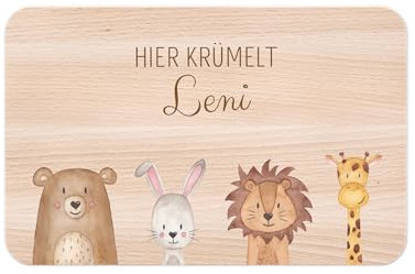 wunderwunsch - Brettchen UV (Tiere unten - Girlande) (Tiere unten) | Individuelles Holzbrett personalisiert mit Namen, Spruch Lasur hier krümelt, Kleines Geschenk Taufe, Junge, Hase, Dino